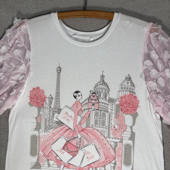 Love and Lace Women’s Size M Parisian Graphic T-Shirt Pink Puff Organza‎ Sleeves - Picture 3 of 14